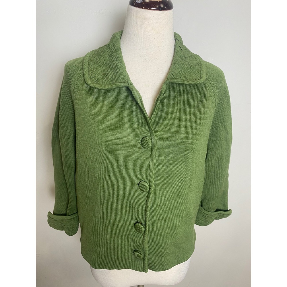 Vintage 60s Renata Boutique Roma Green Knit Cardigan Italian Wool Jacket 14